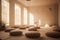 A peaceful image of a meditation room: The image could show a quiet room with people sitting on cushions and meditating. Muted