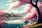 Peaceful Lakeside With Cherry Blossom Trees. Generative AI