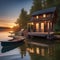 A peaceful lakeside cottage with a dock, rowboat, and a view of the sunset Tranquil and idyllic waterside retreat2