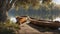 A peaceful lakeside scene with a wooden dock and a rowboat