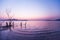 A peaceful lakeside at sunset, beautiful gently waves and leafless tree trunks. Mountains, lighting and twilight sky blurred