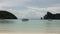 Peaceful Landscape of Koh Phi Phi beach  with green mountain and speed boats background