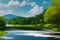 Peaceful Landscape with Lush Foliage and Tranquil Lake