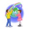 Peaceful life illustration. A girl and a boy release white doves into the sky against the backdrop of a large globe.