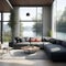 Peaceful living room overlooking the lake, Generative AI