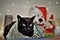 Peaceful look of a bobtail black cat in Christmas decoration