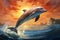 A peaceful marine scene dolphins gracefully glide in the tranquil sky and sea