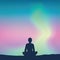 Peaceful mediating person on aurora borealis sky background