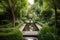 peaceful meditation garden with water feature and tall trees