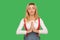 Peaceful mind, yoga practice. Portrait of beautiful calm adult woman in stylish overalls meditating with namaste gesture