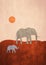 Peaceful minimalist elephant and his baby terra color in sunrise in desert, elephant illustration. Aesthetic poster with saturated