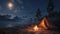 peaceful moonlit night with campfire and tent