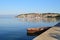 Peaceful morning on Ohrid Lake, the town of Ohrid on the horizon