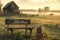 Peaceful morning with a sunrise over a pastoral farm, featuring a bench and flowers