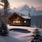 A peaceful mountain cabin surrounded by pine trees, with a view of snow-capped peaks Rustic and tranquil alpine retreat2