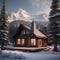 A peaceful mountain cabin surrounded by pine trees, with a view of snow-capped peaks Rustic and tranquil alpine retreat5