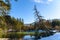 Peaceful mountain panorama view Pfarrerteich lake in Austria Styria. Tourist destination lake Gruner See in winter.