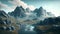 A peaceful mountain range painted in soft shades of blue, green, and gray with rocks and a river in front. Generative AI