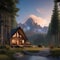 A peaceful mountain retreat with a rustic cabin, surrounded by towering peaks and a clear, blue sky3