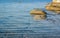 Peaceful nature view poster concept of calm water surface and stones shore line landscaping objects outdoor background space for