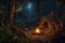 Peaceful Night Camping in the Forest, with a Warm Campfire, Generative AI