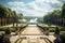 A peaceful oasis with a centrally placed fountain set amidst a sprawling garden, Palace of Versailles gardens in Spring, AI