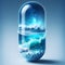 Peaceful ocean environment with breaking waves and swirling foam inside a pill capsule