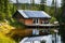 peaceful off-grid cabin on a lakeside, solar panels on roof