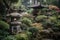 peaceful pagoda garden with bonsai and lanterns in the foreground