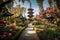 peaceful pagoda garden with traditional lanterns and blooming flowers