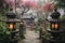 peaceful pagoda garden with traditional lanterns and blooming flowers