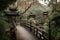 peaceful pagoda garden with trickling water, wooden bridges and lanterns