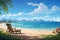 This peaceful painting depicts a serene beach with gentle waves, and a lone chair inviting relaxation, A tranquil beach scene