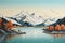 A peaceful painting illustrating a picturesque lake harmoniously nestled amidst towering mountains, lake and mountains, AI