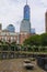 Peaceful park benches along the Hudson River, New York City.