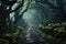 A peaceful path winds its way through a lush forest, with vibrant moss covering the ground, A narrow, winding path through an