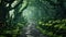 A peaceful path winds its way through a lush forest, with vibrant moss covering the ground, A narrow, winding path through an