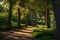 A peaceful pathway in a serene park, surrounded by towering trees and lush green grass, A grand cypress walkway in a vibrant park