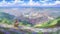 a peaceful place on earth in anime style, aerial view down to a town, ai generated image