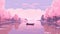 a peaceful place on earth in pink, a lonely boat on a lake with cherry trees, peace and freedom, ai generated image