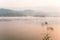 Peaceful place, Pa Khong Lake in morning light in winter season, soft mist covers on the lake and mountains. Scenic landscape of