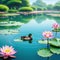 peaceful pond with blooming lotus digital