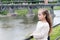 Peaceful princess. Girl princess with little crown river background copy space. Princess girl with long hair in white