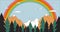 Peaceful rainbow in mountains line cartoon flat illustration