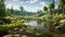 A peaceful river winds its way through a lush green forest, creating a calming and serene atmosphere, Mushrooms in the forest with