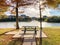 Peaceful riverside picnic table and corporate building offices along Trinity River near Dallas, Texas, America