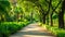 A peaceful road flanked by trees and bushes runs alongside a vibrant green park, A delightful view of a tree-lined pathway in a