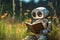 Peaceful Robot Engrossed in Reading Among Blooming Flowers