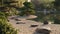 a peaceful scene depicting a traditional Japanese garden with a koi pond, meticulously raked gravel