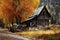 A peaceful scene of an old log cabin nestled in the mountains, with a tall tree in the foreground, An old, rustic barn in an